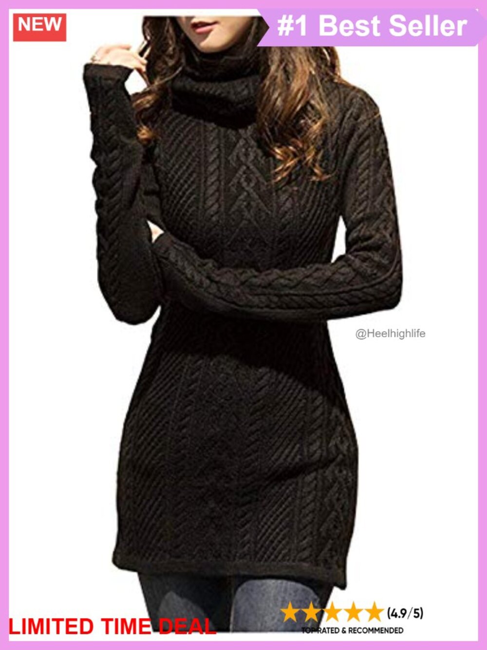 Women Polo Neck Long Slim Fitted Turtleneck Cable Knit Sweater Dress